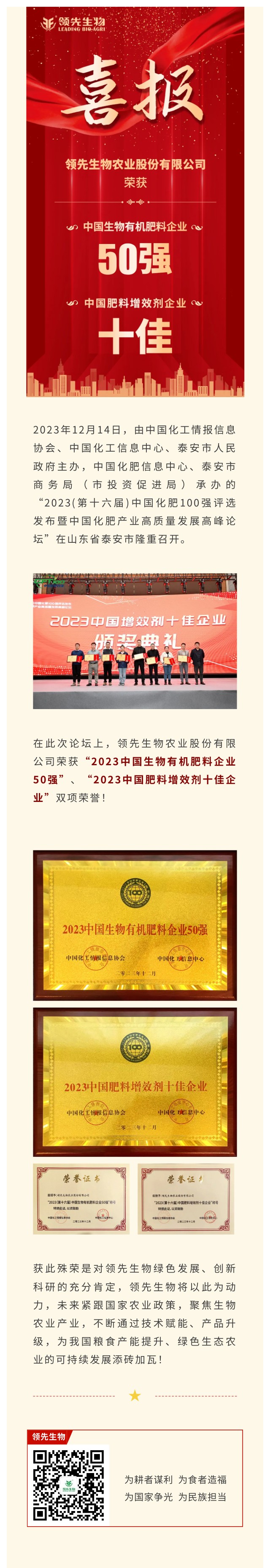 實力上榜 | 領先生物榮獲2023中國生物有機肥料企業(yè)50強！中國肥料增效劑十佳企業(yè)！